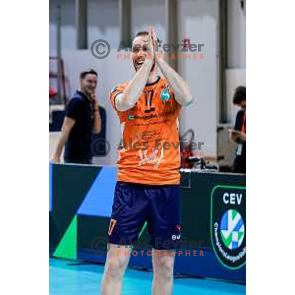 Tine Urnaut and players of ACH celebrate victory at CEV Champions Leauge 2026 Men Early round match between ACH Volley (SLO) and Orion Doetinchem (NED) in Tivoli Hall, Ljubljana, Slovenia on October 30, 2025