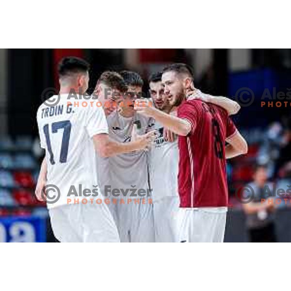 Tod Ciuha and players of Siliko Vrhnika celebrate victory at UEFA Futsal Champions League match between Siliko (SLO) and Forca (MKD) in Kodeljevo Hall, Ljubljana, Slovenia on October 30, 2025
