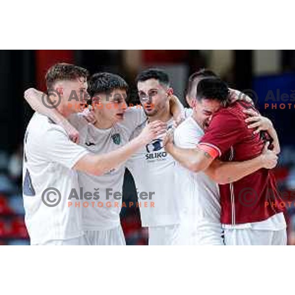 Tod Ciuha and players of Siliko Vrhnika celebrate victory at UEFA Futsal Champions League match between Siliko (SLO) and Forca (MKD) in Kodeljevo Hall, Ljubljana, Slovenia on October 30, 2025