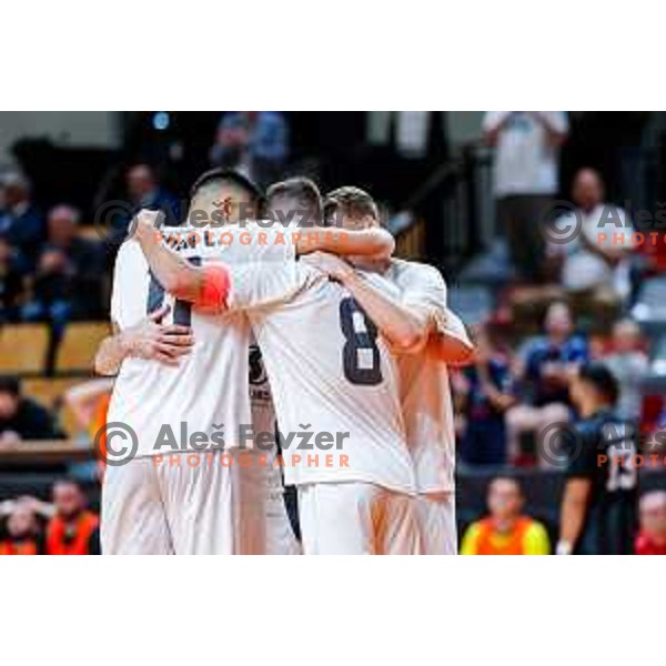 Tod Ciuha and players of Siliko Vrhnika celebrate victory at UEFA Futsal Champions League match between Siliko (SLO) and Forca (MKD) in Kodeljevo Hall, Ljubljana, Slovenia on October 30, 2025