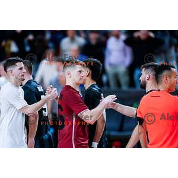 Nejc Berzelak and players of Siliko Vrhnika celebrate victory at UEFA Futsal Champions League match between Siliko (SLO) and Forca (MKD) in Kodeljevo Hall, Ljubljana, Slovenia on October 30, 2025