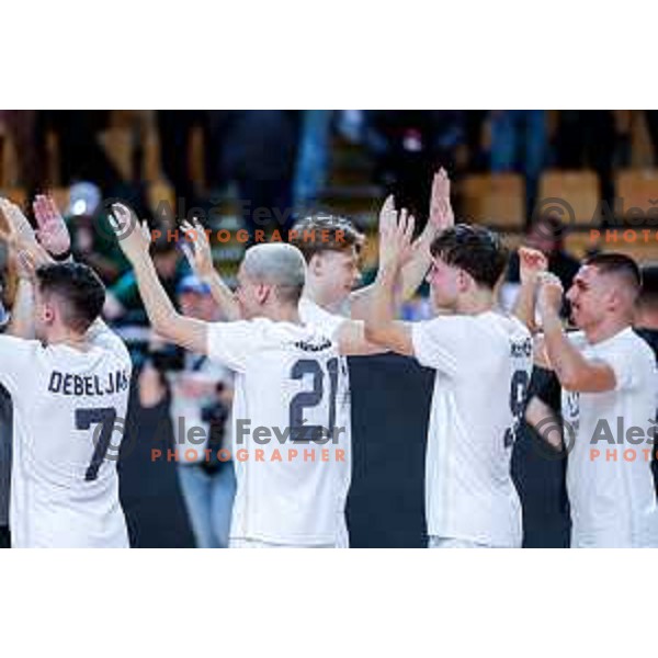 Tod Ciuha and players of Siliko Vrhnika celebrate victory at UEFA Futsal Champions League match between Siliko (SLO) and Forca (MKD) in Kodeljevo Hall, Ljubljana, Slovenia on October 30, 2025