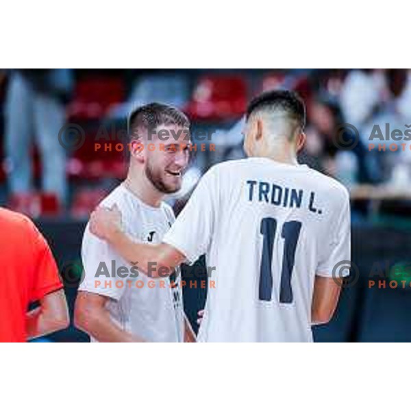 Tod Ciuha and players of Siliko Vrhnika celebrate victory at UEFA Futsal Champions League match between Siliko (SLO) and Forca (MKD) in Kodeljevo Hall, Ljubljana, Slovenia on October 30, 2025