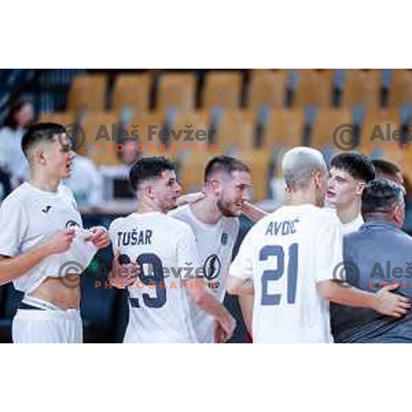Tod Ciuha and players of Siliko Vrhnika celebrate victory at UEFA Futsal Champions League match between Siliko (SLO) and Forca (MKD) in Kodeljevo Hall, Ljubljana, Slovenia on October 30, 2025