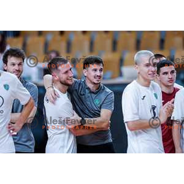 Tod Ciuha and players of Siliko Vrhnika celebrate victory at UEFA Futsal Champions League match between Siliko (SLO) and Forca (MKD) in Kodeljevo Hall, Ljubljana, Slovenia on October 30, 2025