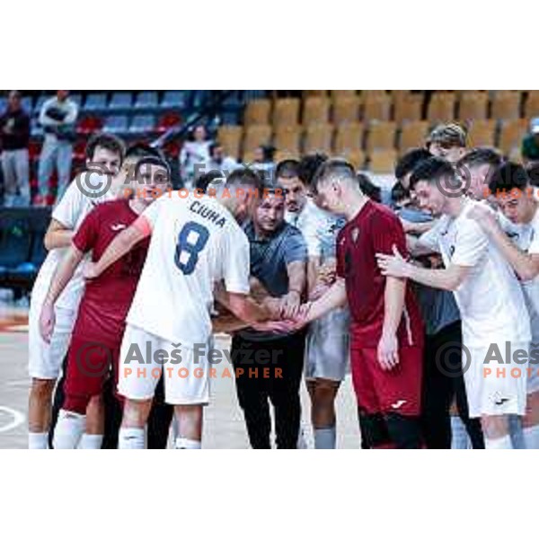 Tod Ciuha and players of Siliko Vrhnika celebrate victory at UEFA Futsal Champions League match between Siliko (SLO) and Forca (MKD) in Kodeljevo Hall, Ljubljana, Slovenia on October 30, 2025