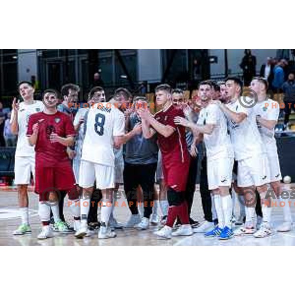 Nejc Berzelak and players of Siliko Vrhnika celebrate victory at UEFA Futsal Champions League match between Siliko (SLO) and Forca (MKD) in Kodeljevo Hall, Ljubljana, Slovenia on October 30, 2025