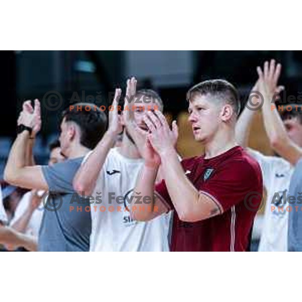 Nejc Berzelak and players of Siliko Vrhnika celebrate victory at UEFA Futsal Champions League match between Siliko (SLO) and Forca (MKD) in Kodeljevo Hall, Ljubljana, Slovenia on October 30, 2025