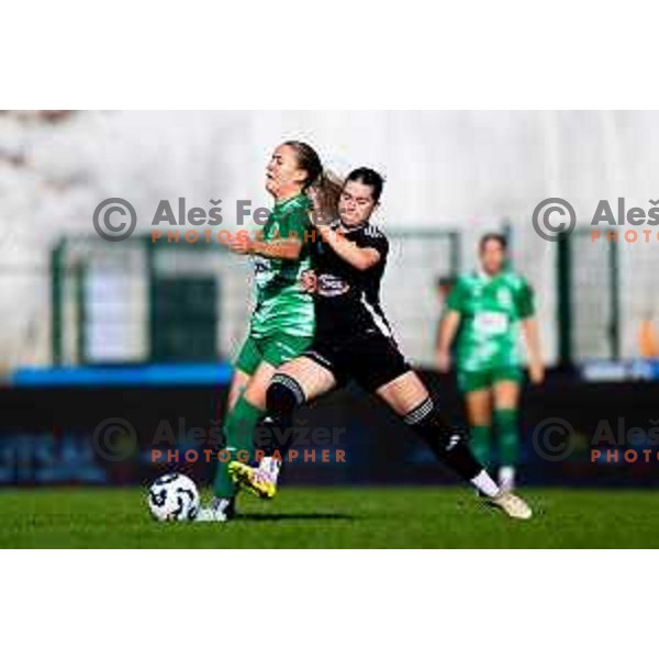 Spela Gerbec of ZNK Olimpija and Gala Dasovic Ravnik of ZNK Mura Nona in action during Triglav Women\'s Football League match between ZNK Olimpija and ZNK Mura Nona in Kodeljevo, Ljubljana, Slovenia on October 31, 2025. Photo: Filip Barbalic