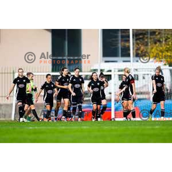Players of ZNK Mura Nona celebrate goal during Triglav Women\'s Football League match between ZNK Olimpija and ZNK Mura Nona in Kodeljevo, Ljubljana, Slovenia on October 31, 2025. Photo: Filip Barbalic