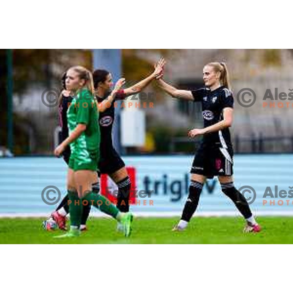 Ana Milovic and Zala Omerza of ZNK Mura Nona celebrate goal during Triglav Women\'s Football League match between ZNK Olimpija and ZNK Mura Nona in Kodeljevo, Ljubljana, Slovenia on October 31, 2025. Photo: Filip Barbalic