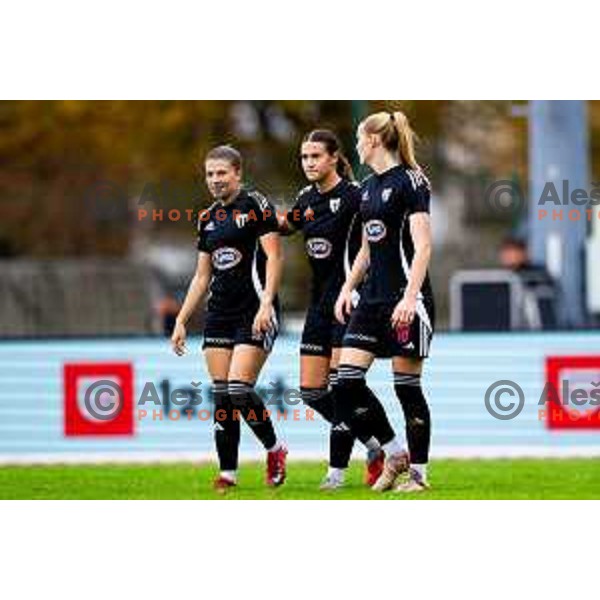 Ziva Rakovec, Ana Milovic and Zala Omerza of ZNK Mura Nona celebrate goal during Triglav Women\'s Football League match between ZNK Olimpija and ZNK Mura Nona in Kodeljevo, Ljubljana, Slovenia on October 31, 2025. Photo: Filip Barbalic