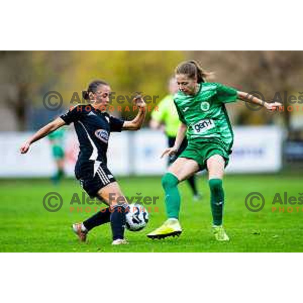 Yana Malakhova of ZNK Mura Nona and Laura Senk of ZNK Olimpija in action during Triglav Women\'s Football League match between ZNK Olimpija and ZNK Mura Nona in Kodeljevo, Ljubljana, Slovenia on October 31, 2025. Photo: Filip Barbalic