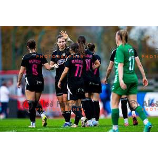 Joanna Teresa Olszewska and players of ZNK Mura Nona celebrate goal during Triglav Women\'s Football League match between ZNK Olimpija and ZNK Mura Nona in Kodeljevo, Ljubljana, Slovenia on October 31, 2025. Photo: Filip Barbalic