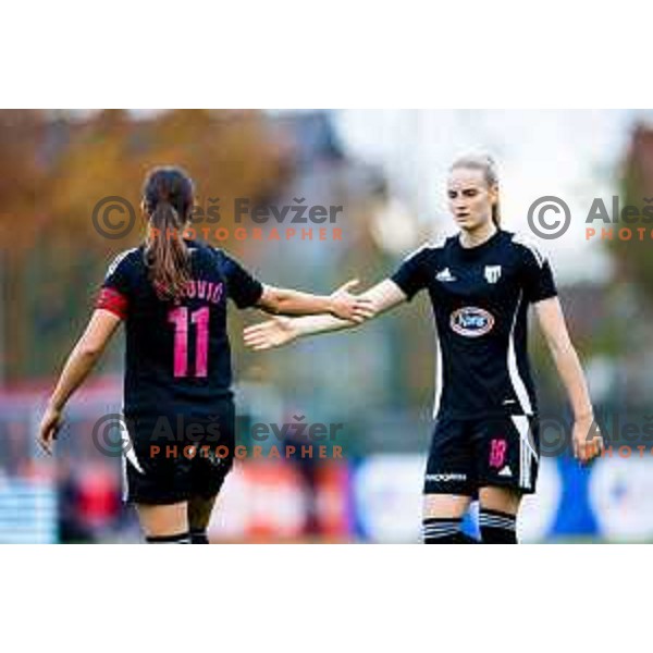Ana Milovic and Zala Omerza of ZNK Mura Nona celebrate goal during Triglav Women\'s Football League match between ZNK Olimpija and ZNK Mura Nona in Kodeljevo, Ljubljana, Slovenia on October 31, 2025. Photo: Filip Barbalic
