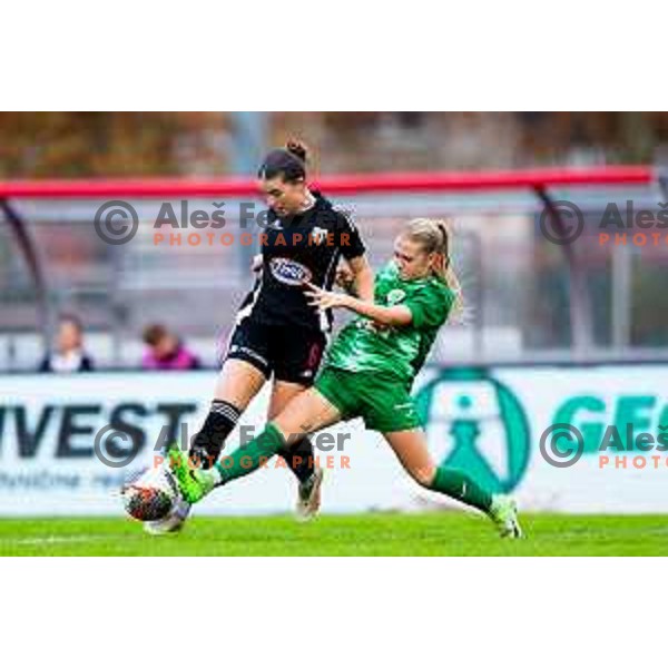 Gala Dasovic Ravnik of ZNK Mura Nona and Brina Omejec-Zidan of ZNK Olimpija in action during Triglav Women\'s Football League match between ZNK Olimpija and ZNK Mura Nona in Kodeljevo, Ljubljana, Slovenia on October 31, 2025. Photo: Filip Barbalic