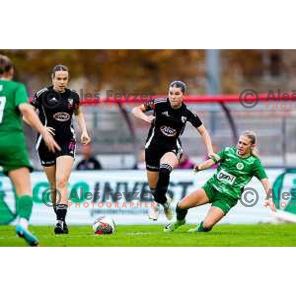 Gala Dasovic Ravnik of ZNK Mura Nona and Brina Omejec-Zidan of ZNK Olimpija in action during Triglav Women\'s Football League match between ZNK Olimpija and ZNK Mura Nona in Kodeljevo, Ljubljana, Slovenia on October 31, 2025. Photo: Filip Barbalic