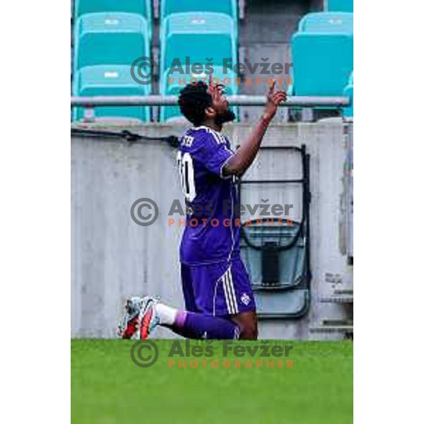 Benjamin Tetteh of Maribor celebrates a goal during Prva liga Telemach 2025/2026 football match between Bravo Big Bang and Maribor in Ljubljana, Slovenia on November 1, 2025