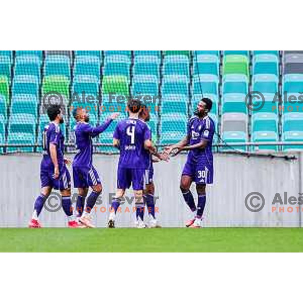 Benjamin Tetteh and players of Maribor celebrate a goal during Prva liga Telemach 2025/2026 football match between Bravo Big Bang and Maribor in Ljubljana, Slovenia on November 1, 2025