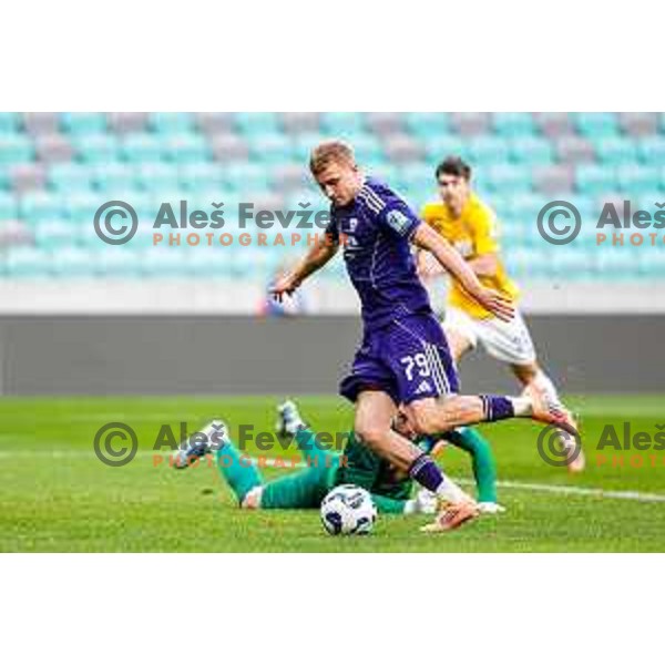 David Pejicic of Maribor scores a goal past Matej Likar during Prva liga Telemach 2025/2026 football match between Bravo Big Bang and Maribor in Ljubljana, Slovenia on November 1, 2025
