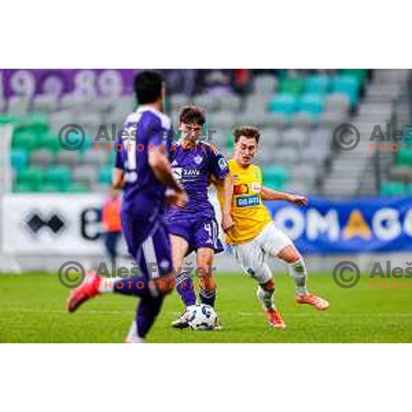 Nejc Viher and Martin Pecar in action during Prva liga Telemach 2025/2026 football match between Bravo Big Bang and Maribor in Ljubljana, Slovenia on November 1, 2025