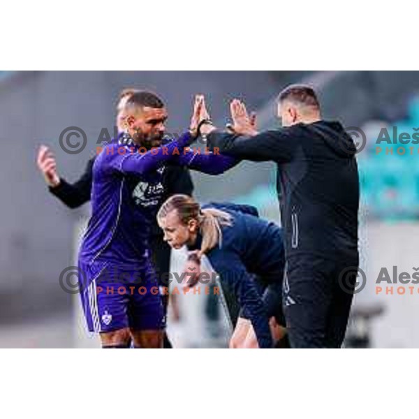 Hilal Soudani, Referee Aleksandra Cesen and Fedja Dudic, head coach of Maribor during Prva liga Telemach 2025/2026 football match between Bravo Big Bang and Maribor in Ljubljana, Slovenia on November 1, 2025