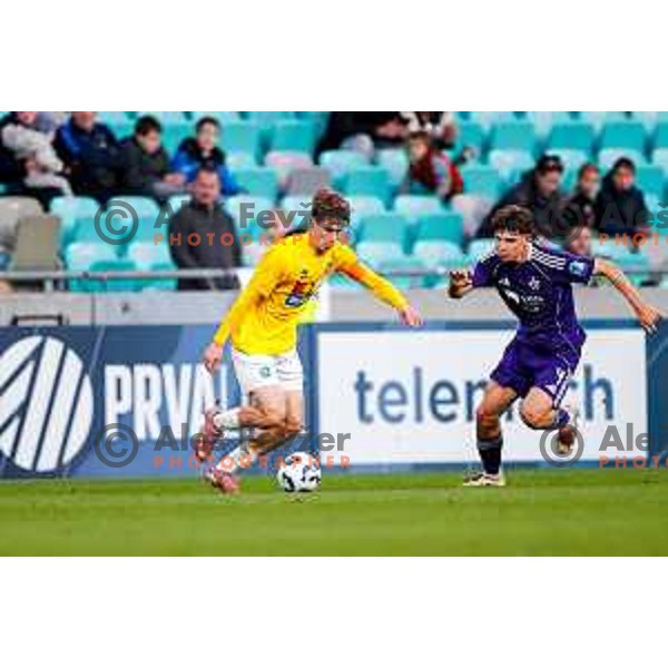Nejc Viher and Beno Selan in action during Prva liga Telemach 2025/2026 football match between Bravo Big Bang and Maribor in Ljubljana, Slovenia on November 1, 2025