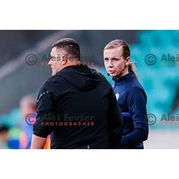 Fedja Dudic, head coach of Maribor and Referee Aleksandra Cesen during Prva liga Telemach 2025/2026 football match between Bravo Big Bang and Maribor in Ljubljana, Slovenia on November 1, 2025