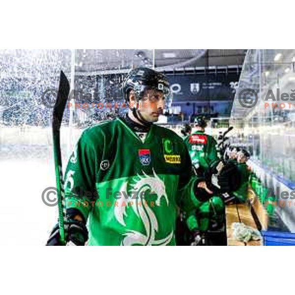 Blaz Gregorc of SZ Olimpija in action during IceHL 2025/2026 ice-hockey match between SZ Olimpija and Tiwag Innsbruck in Tivoli Hall, Ljubljana, Slovenia on October 12, 2025
