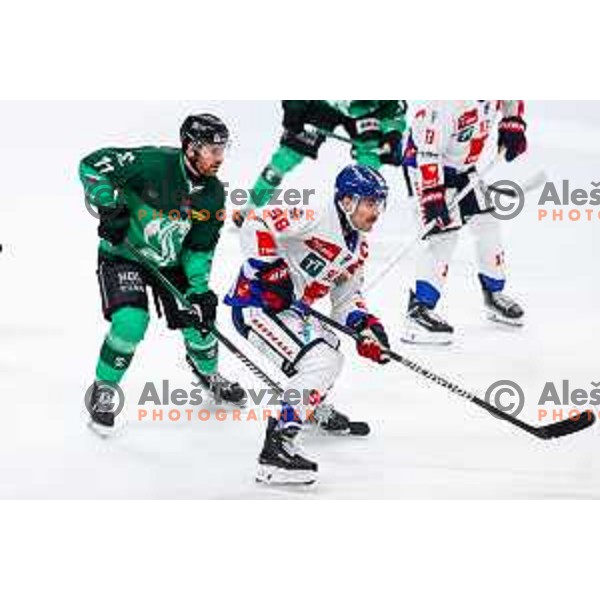 of SZ Olimpija in action during IceHL 2025/2026 ice-hockey match between SZ Olimpija and Tiwag Innsbruck in Tivoli Hall, Ljubljana, Slovenia on October 12, 2025