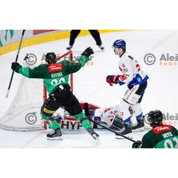 Zach Boychuk of SZ Olimpija celebrates a goal during IceHL 2025/2026 ice-hockey match between SZ Olimpija and Tiwag Innsbruck in Tivoli Hall, Ljubljana, Slovenia on October 12, 2025