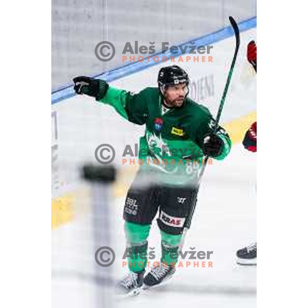 Zach Boychuk of SZ Olimpija celebrates a goal during IceHL 2025/2026 ice-hockey match between SZ Olimpija and Tiwag Innsbruck in Tivoli Hall, Ljubljana, Slovenia on October 12, 2025