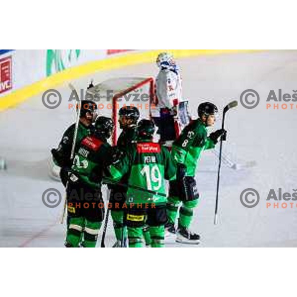 Zach Boychuk of SZ Olimpija celebrates a goal during IceHL 2025/2026 ice-hockey match between SZ Olimpija and Tiwag Innsbruck in Tivoli Hall, Ljubljana, Slovenia on October 12, 2025