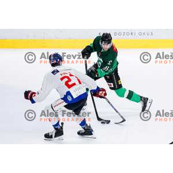 Nicolai Meyer of SZ Olimpija in action during IceHL 2025/2026 ice-hockey match between SZ Olimpija and Tiwag Innsbruck in Tivoli Hall, Ljubljana, Slovenia on October 12, 2025