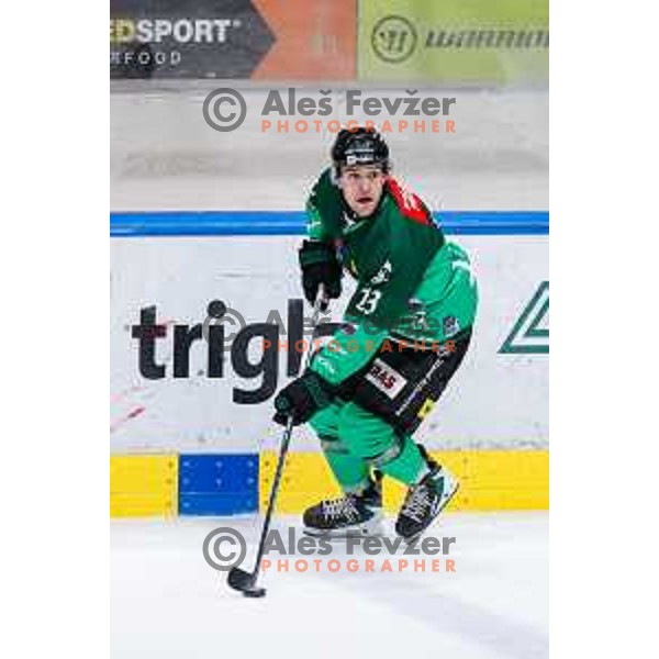 Jaka Sodja of SZ Olimpija in action during IceHL 2025/2026 ice-hockey match between SZ Olimpija and Tiwag Innsbruck in Tivoli Hall, Ljubljana, Slovenia on October 12, 2025