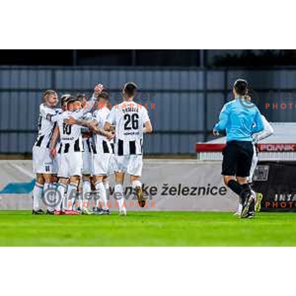 Nino Kouter and players of Mura celebrate a goal during Prva liga Telemach 2025/2026 football match between Domzale and Mura in Domzale, Slovenia on November 3, 2025