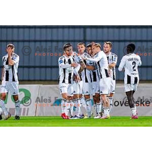 Nino Kouter and players of Mura celebrate a goal during Prva liga Telemach 2025/2026 football match between Domzale and Mura in Domzale, Slovenia on November 3, 2025