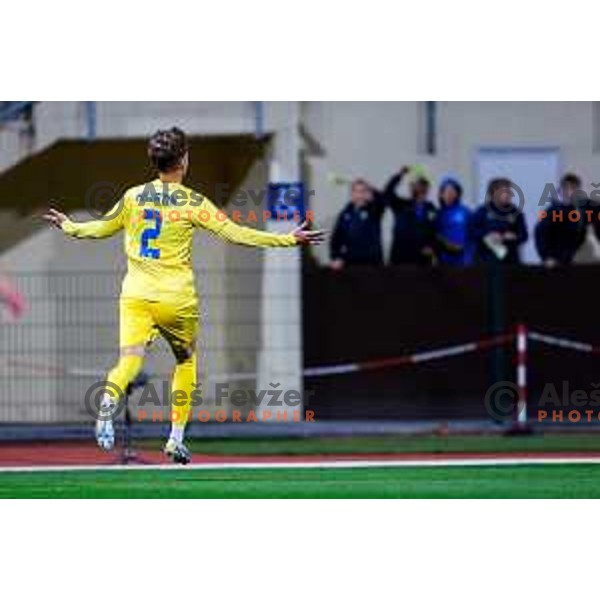 Rene Hrvatin scores and celebrates a goal during Prva liga Telemach 2025/2026 football match between Domzale and Mura in Domzale, Slovenia on November 3, 2025