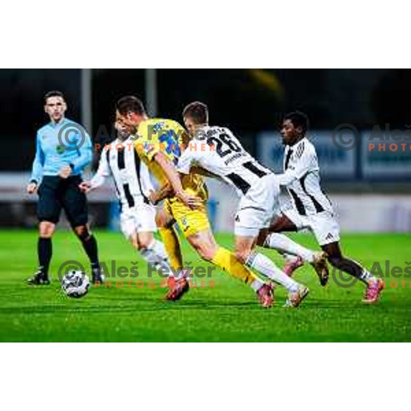 Aleksandar Kahvic and Borna Proleta in action during Prva liga Telemach 2025/2026 football match between Domzale and Mura in Domzale, Slovenia on November 3, 2025