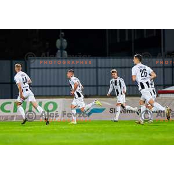 Luka Bobicanec and players of Mura celebrate a goal during Prva liga Telemach 2025/2026 football match between Domzale and Mura in Domzale, Slovenia on November 3, 2025