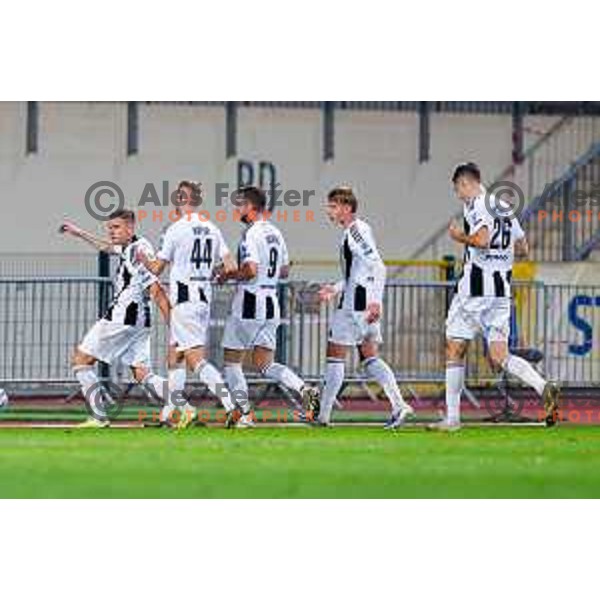 Luka Bobicanec and players of Mura celebrate a goal during Prva liga Telemach 2025/2026 football match between Domzale and Mura in Domzale, Slovenia on November 3, 2025