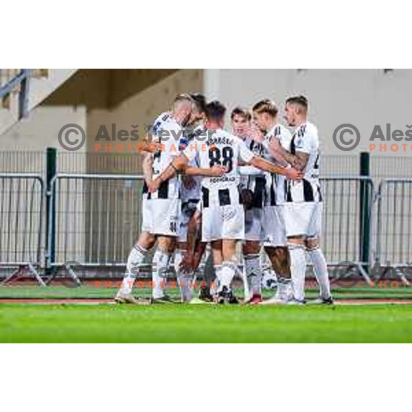 Luka Bobicanec and players of Mura celebrate a goal during Prva liga Telemach 2025/2026 football match between Domzale and Mura in Domzale, Slovenia on November 3, 2025