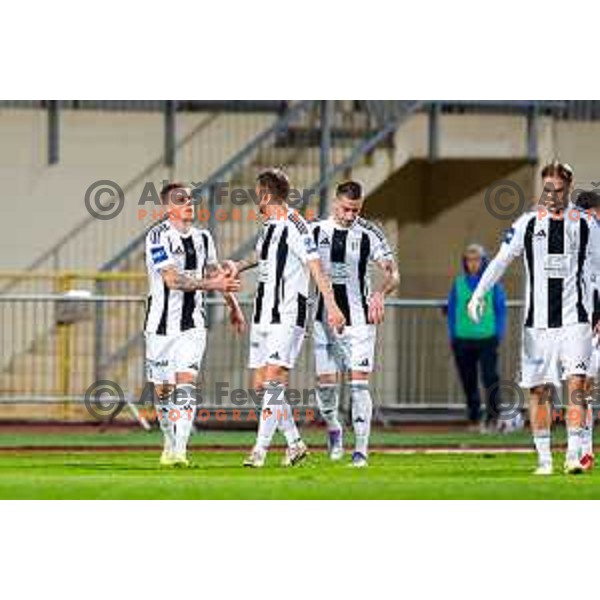Luka Bobicanec and players of Mura celebrate a goal during Prva liga Telemach 2025/2026 football match between Domzale and Mura in Domzale, Slovenia on November 3, 2025