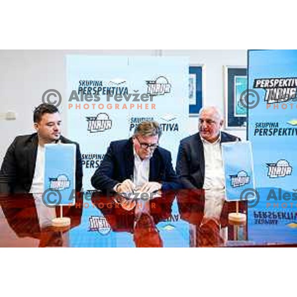 Marin Ribac, Dari Juzna and Sasa Doncic during Perspektiva Ilirija press conference in Hala Tivoli, Ljubljana, Slovenia on November 5, 2025