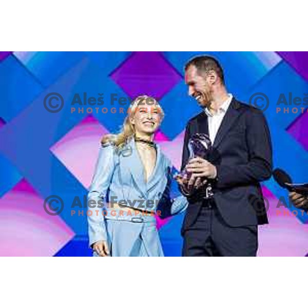 Janja Garnbret and Tine Urnaut during Gala Charity Night of Slovenia Olympic Committee in Union Hotel, Ljubljana, Slovenia on November 5, 2025