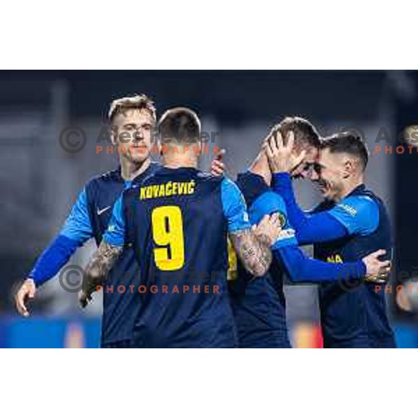 Zan Karnicnik and Mario Kvesic celebrate goal during UEFA Conference League 2025/26 football match between NK Celje (SLO) and Legia Warszawa (POL) in Stadion z’dezele, Celje, Slovenia on November 6, 2025. Photo: Jure Banfi