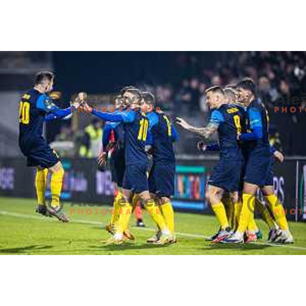 Nikita Iosifov, Danijel Sturm, Franko Kovacevic celebrate goal during UEFA Conference League 2025/26 football match between NK Celje (SLO) and Legia Warszawa (POL) in Stadion z’dezele, Celje, Slovenia on November 6, 2025. Photo: Jure Banfi