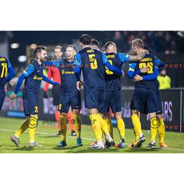 Nikita Iosifov, Mario Kvesic, Franko Kovacevic celebrate goal during UEFA Conference League 2025/26 football match between NK Celje (SLO) and Legia Warszawa (POL) in Stadion z’dezele, Celje, Slovenia on November 6, 2025. Photo: Jure Banfi