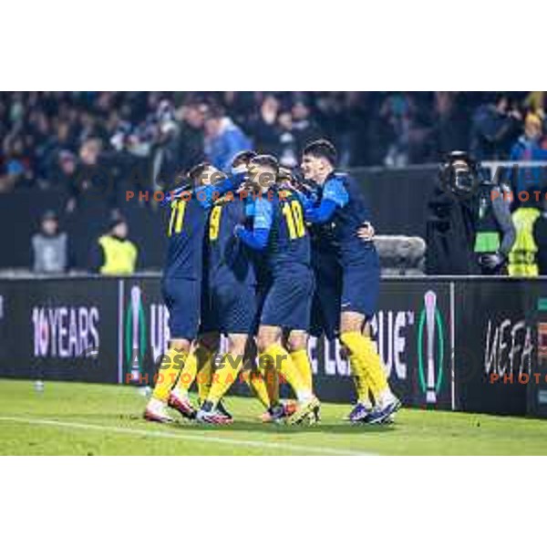 Danijel Sturm, Zan Karnicnik celebrate goal during UEFA Conference League 2025/26 football match between NK Celje (SLO) and Legia Warszawa (POL) in Stadion z’dezele, Celje, Slovenia on November 6, 2025. Photo: Jure Banfi