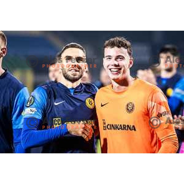 Danijel Sturm and Zan Luk Leban celebrate victory after UEFA Conference League 2025/26 football match between NK Celje (SLO) and Legia Warszawa (POL) in Stadion z’dezele, Celje, Slovenia on November 6, 2025. Photo: Jure Banfi